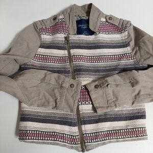 American Eagle Tan Jacket S Asymmetrical Zip Aztec Print Thick Knit Lined Milita